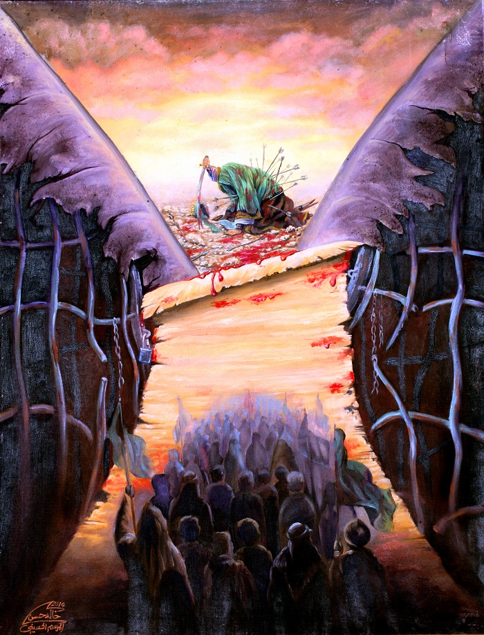 لوحة لاحد فناني المرسم الحسيني خلال الورشة الفنية التي نظمها مركز رعاية الشباب في محافظة بابل