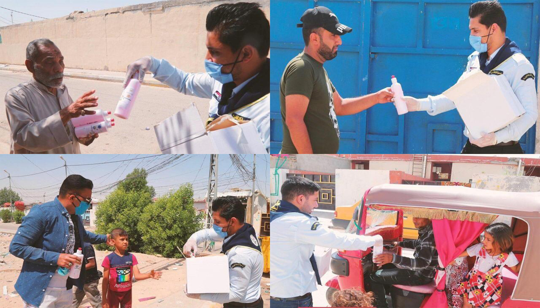 جمعية شبابية تابعة للعتبة الحسينية تقوم بتوزيع المعقمات على المناطق السكنية في كربلاء.
